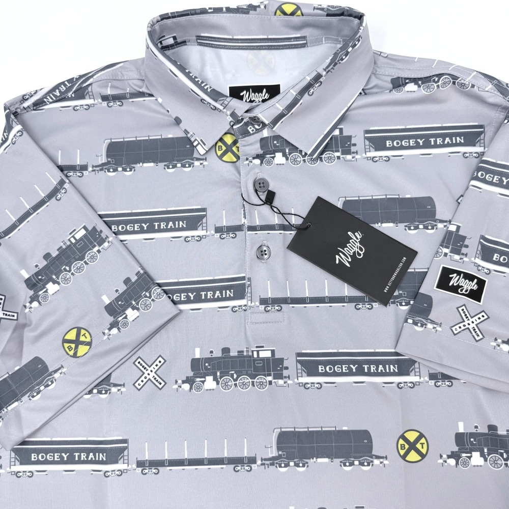Waggle Golf Mens Small Bogey Train Performance Polo Shirt Locomotive Print NEW
